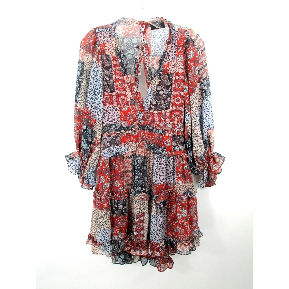 VICI Midi Summer Dress Women Small Patchwork V-Neck Cowgirl Open Back Whimsical